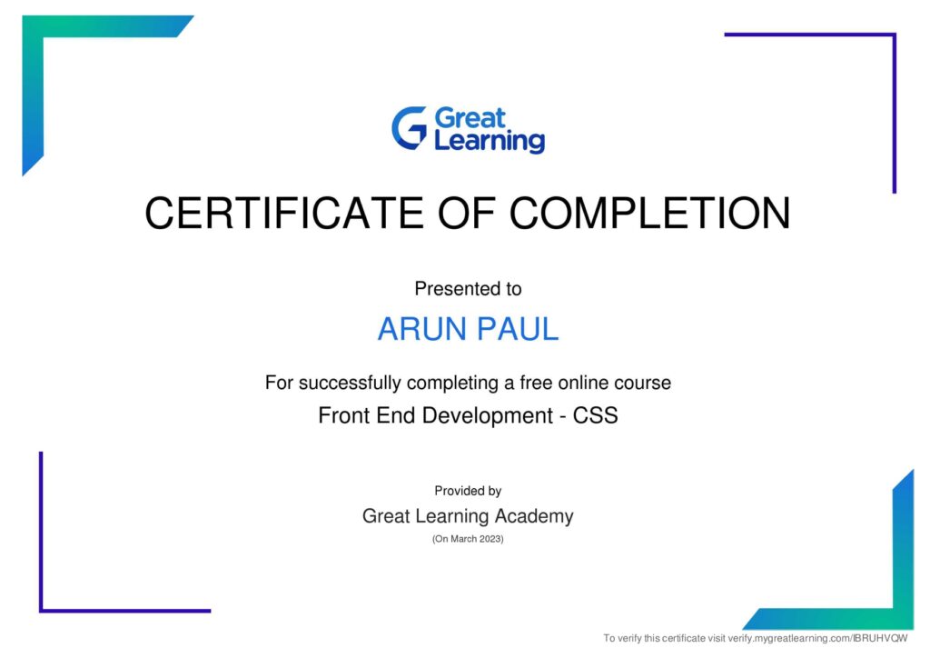 arun paul certificate